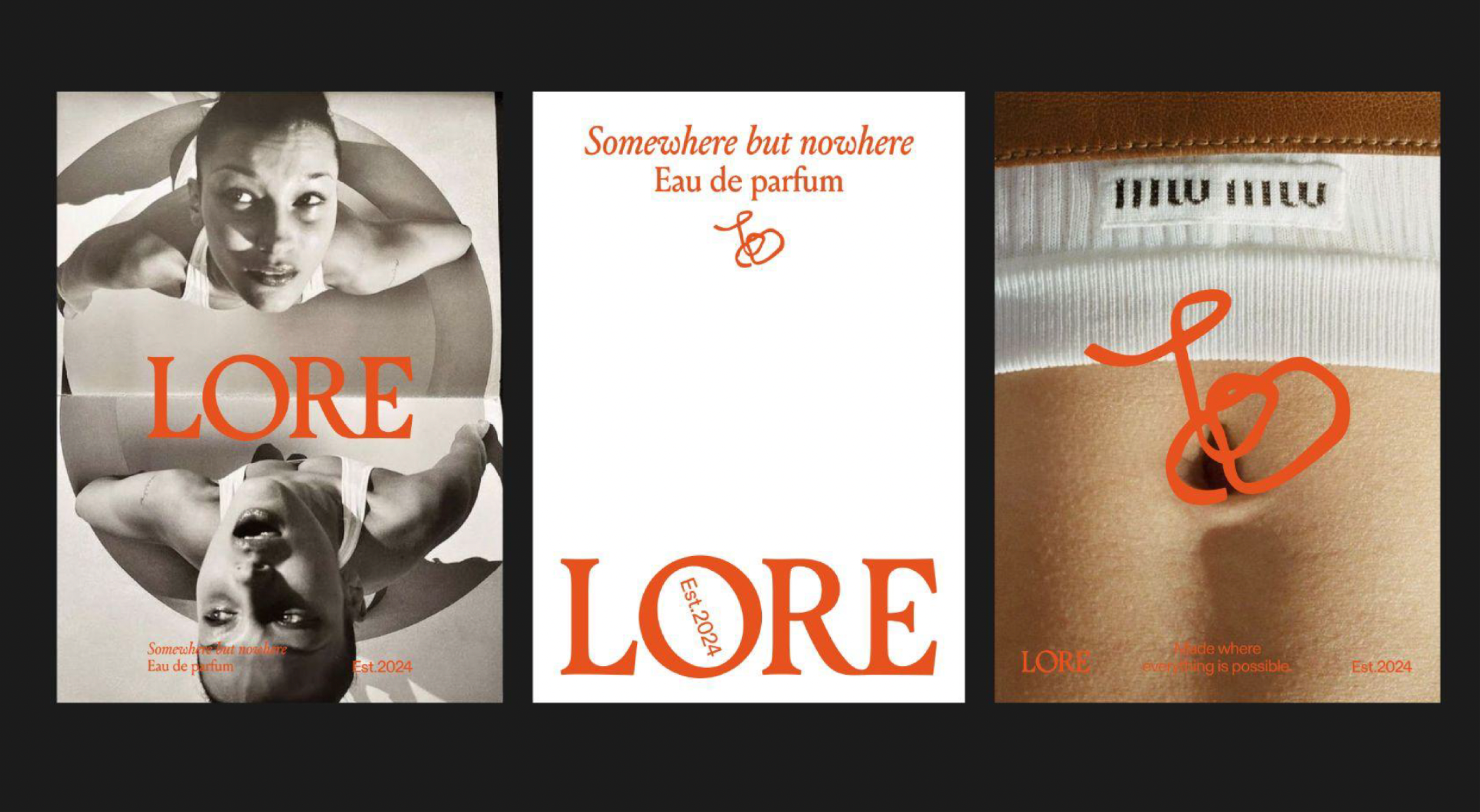 Three LORE posters on black: a mirrored portrait, an orange wordmark card and an orange squiggle on a waistband